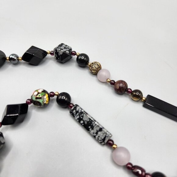 Stone Bead Necklace Rose Quartz Snowflake Obsidian Cloisonne Gradient 30" - Picture 5 of 13